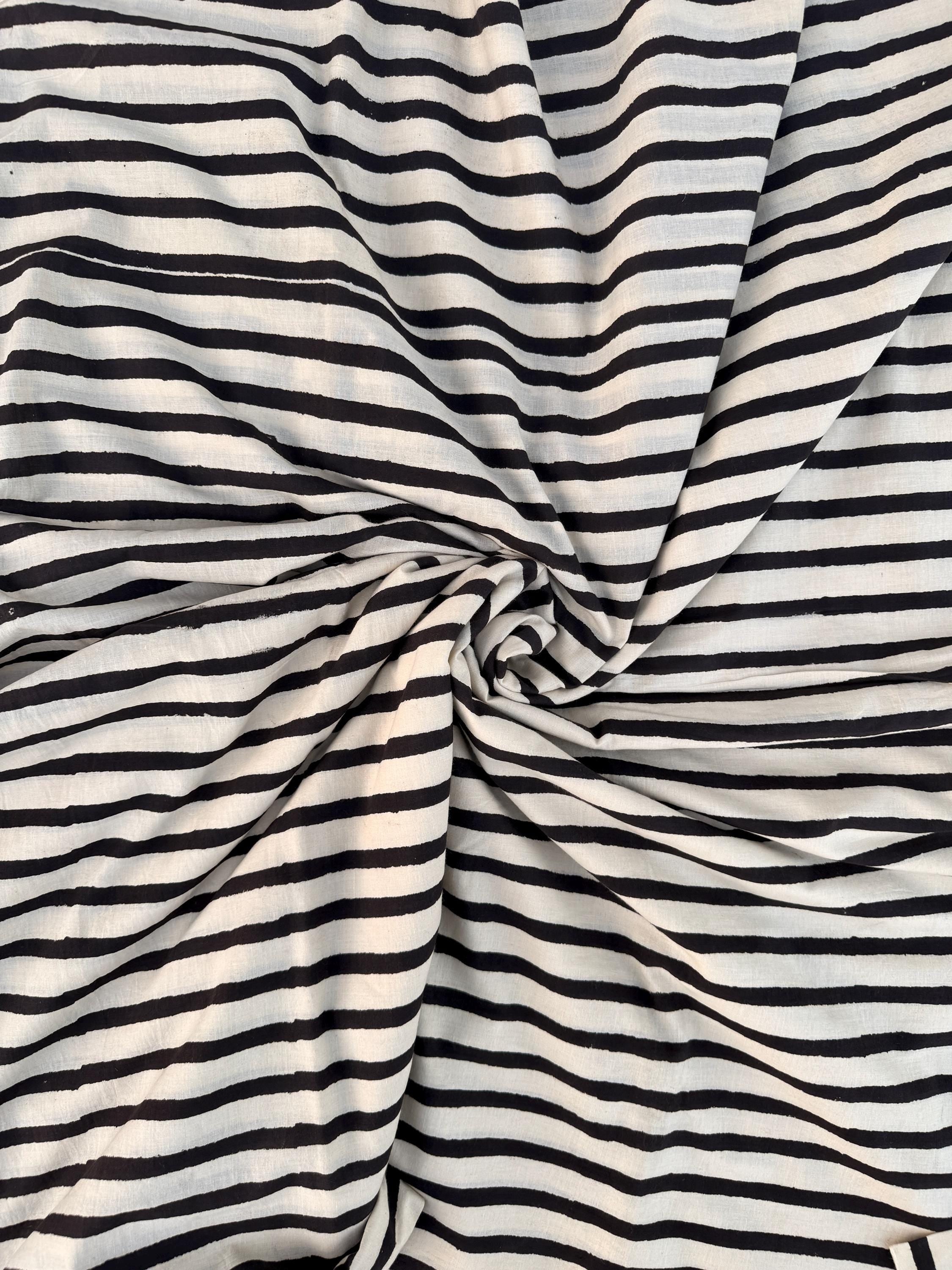 Bagru Hand Block Print Stripe Cotton Fabric – Natural Dye Off White base & Black Stripes – Minimalist Vegetable Dyed Fabric by Yard