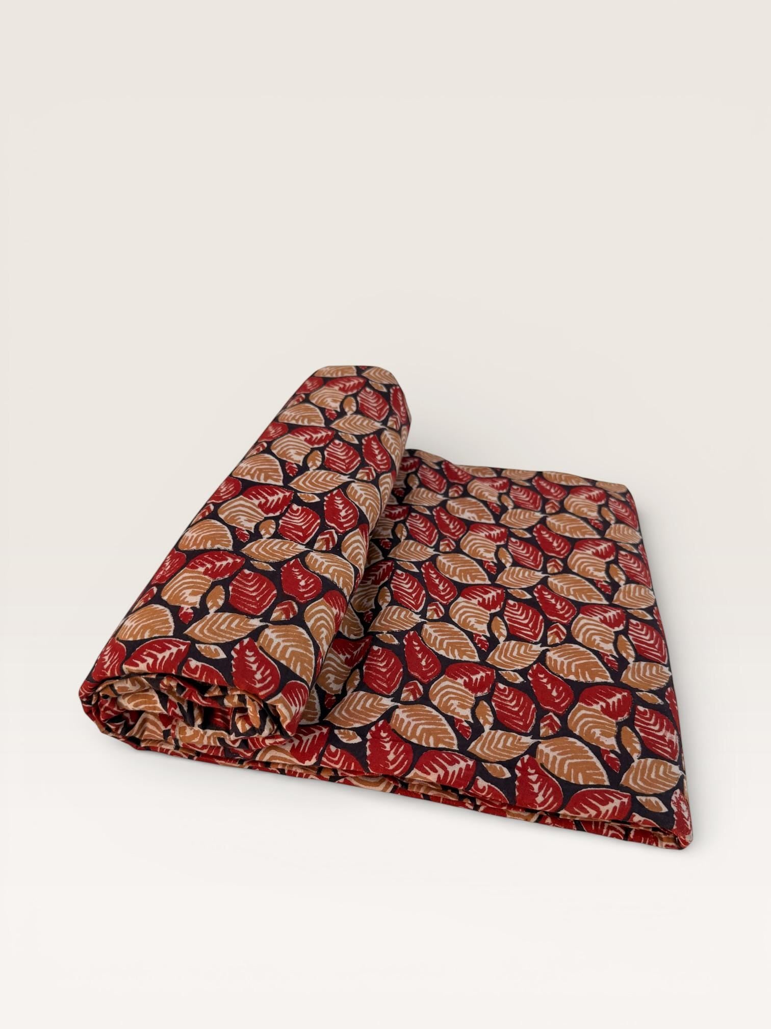 Bagru Block Print Cotton Fabric – Natural Dyed Leaf Print Fabric – Handmade Indian Block print Running Material – Red Mustard on Indigo Base
