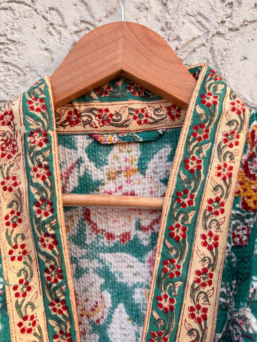 Green Floral Block Print Waffle Bathrobe – Handmade Cotton Kimono Robe – Jaipuri Lightweight Spa Robe – Boho Bridal Gift