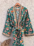 Green Floral Block Print Waffle Bathrobe – Handmade Cotton Kimono Robe – Jaipuri Lightweight Spa Robe – Boho Bridal Gift