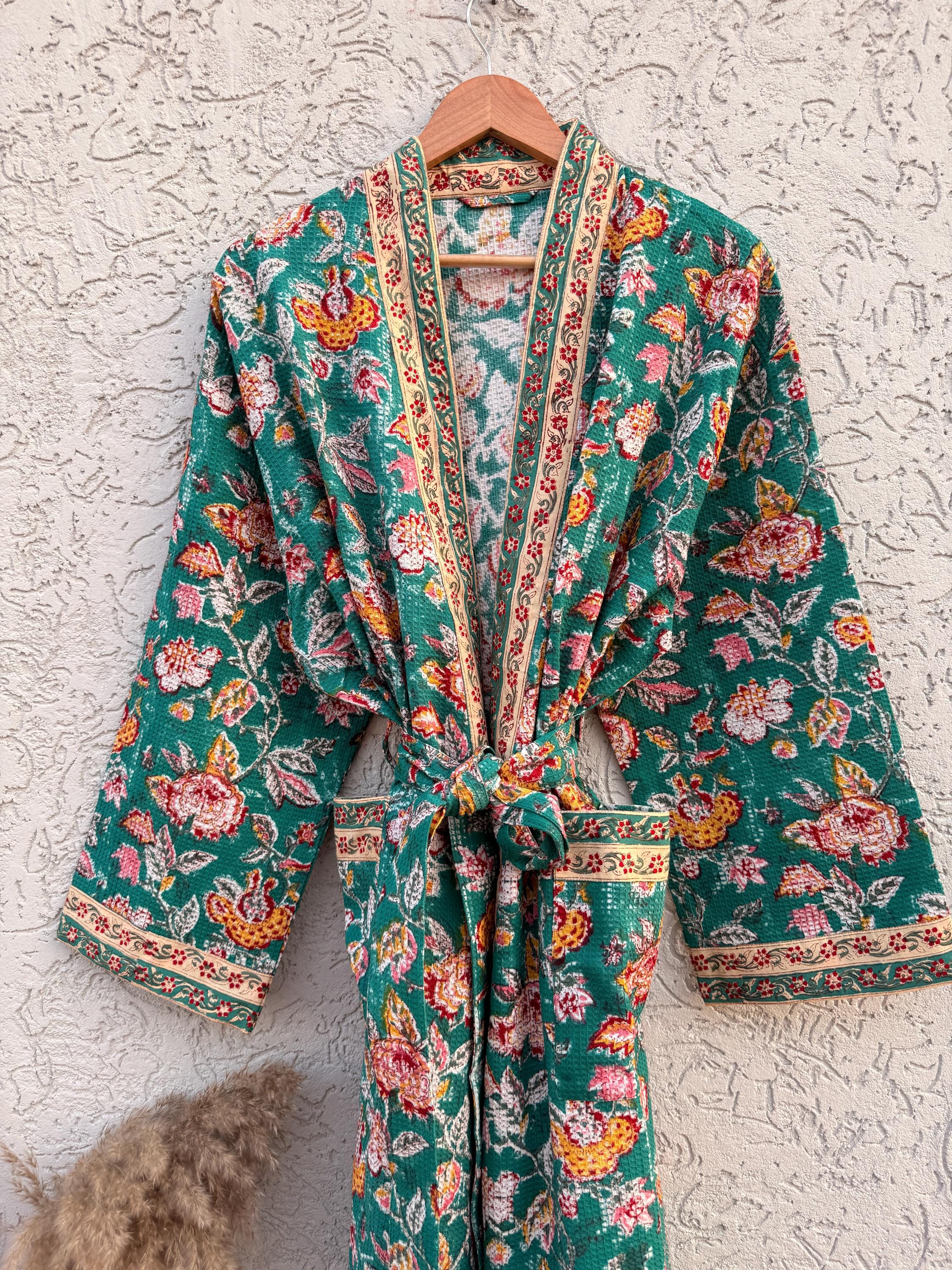 Green Floral Block Print Waffle Bathrobe – Handmade Cotton Kimono Robe – Jaipuri Lightweight Spa Robe – Boho Bridal Gift