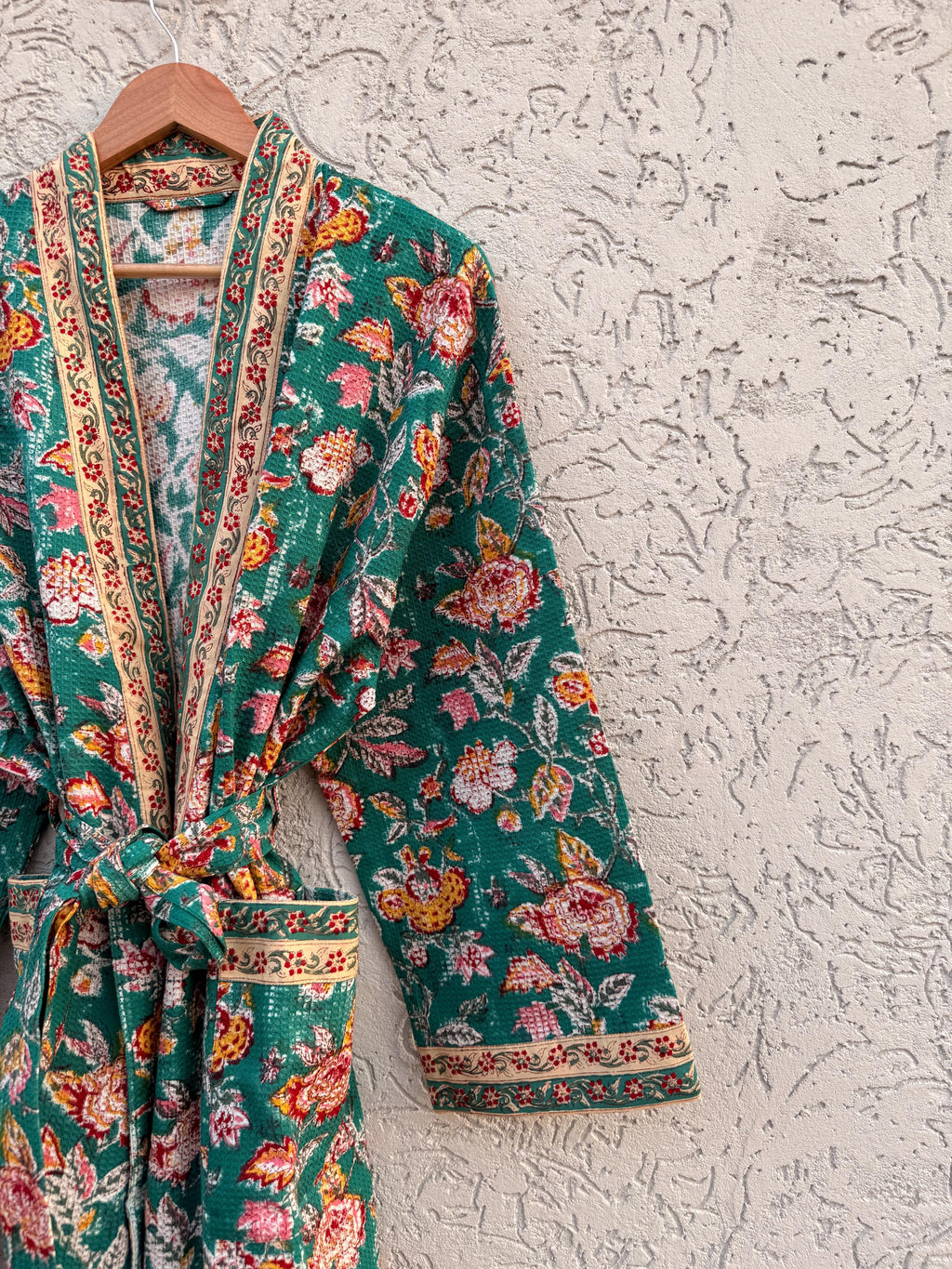 Green Floral Block Print Waffle Bathrobe – Handmade Cotton Kimono Robe – Jaipuri Lightweight Spa Robe – Boho Bridal Gift