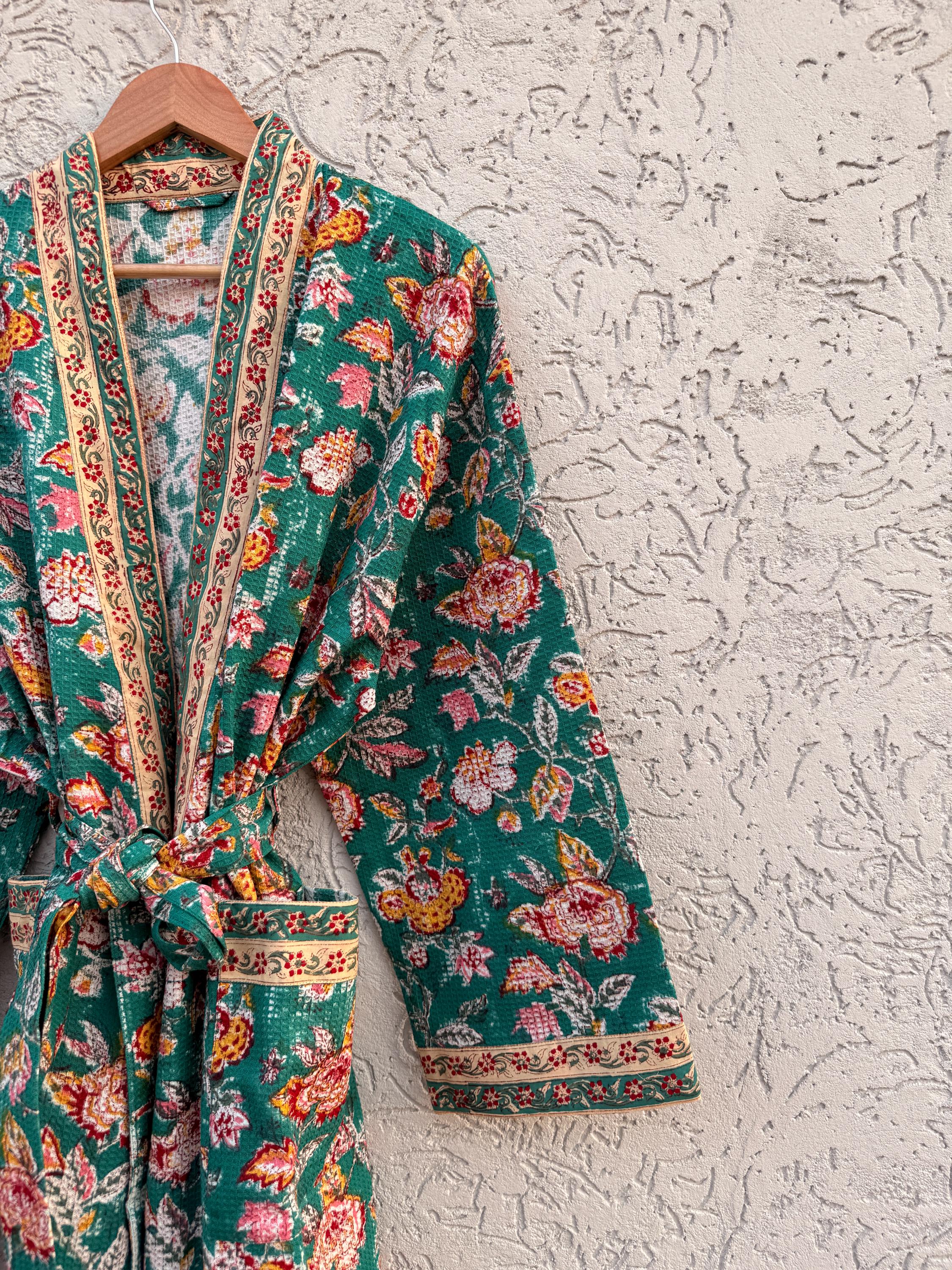 Green Floral Block Print Waffle Bathrobe – Handmade Cotton Kimono Robe – Jaipuri Lightweight Spa Robe – Boho Bridal Gift