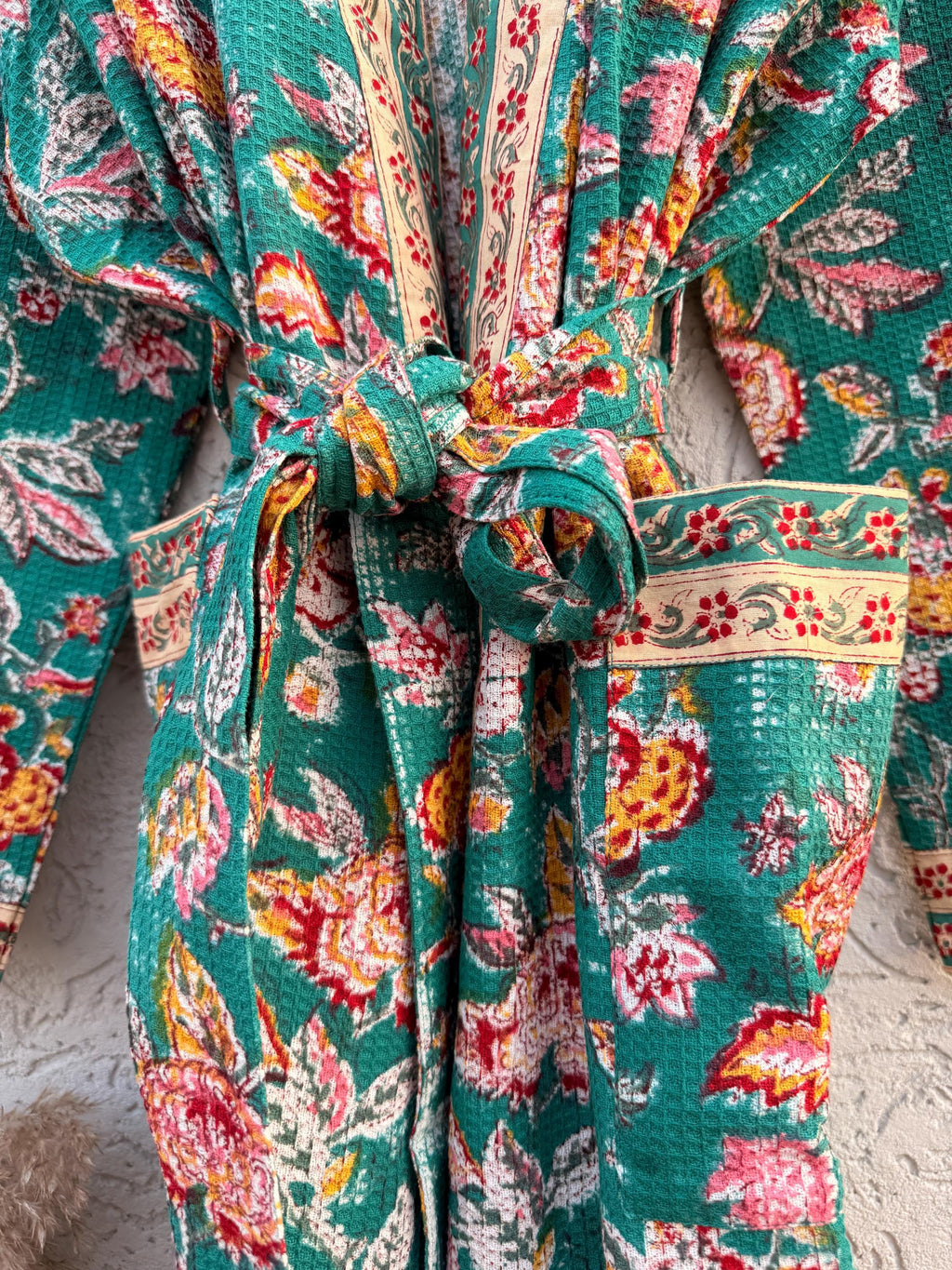 Green Floral Block Print Waffle Bathrobe – Handmade Cotton Kimono Robe – Jaipuri Lightweight Spa Robe – Boho Bridal Gift