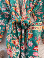 Green Floral Block Print Waffle Bathrobe – Handmade Cotton Kimono Robe – Jaipuri Lightweight Spa Robe – Boho Bridal Gift
