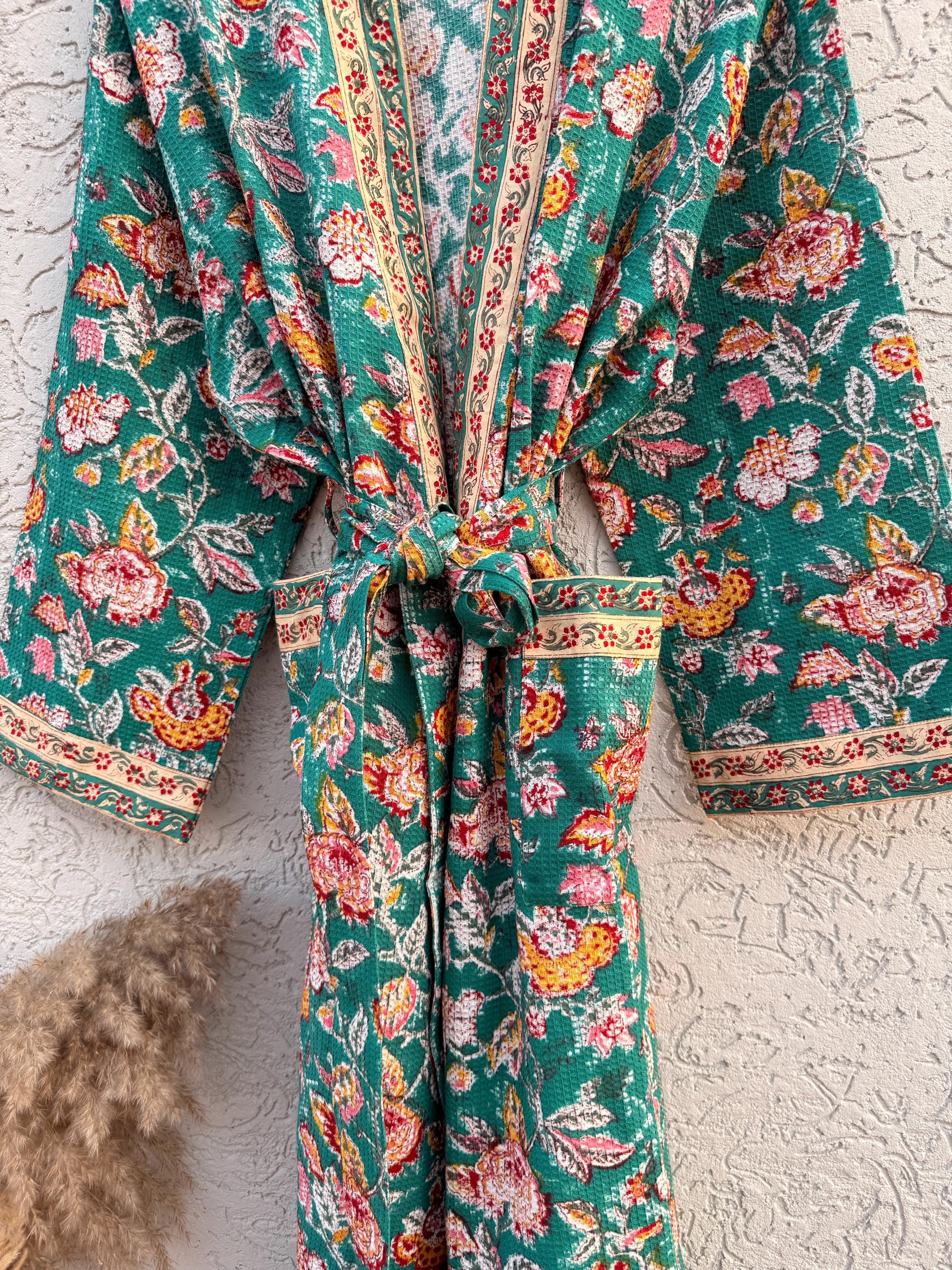 Green Floral Block Print Waffle Bathrobe – Handmade Cotton Kimono Robe – Jaipuri Lightweight Spa Robe – Boho Bridal Gift