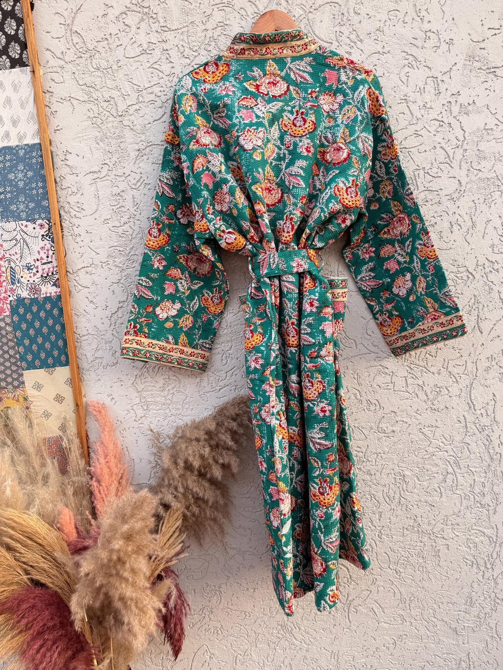 Green Floral Block Print Waffle Bathrobe – Handmade Cotton Kimono Robe – Jaipuri Lightweight Spa Robe – Boho Bridal Gift