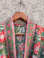 Sage Green Floral Block Print Waffle Bathrobe – Handmade Cotton Kimono Robe – Jaipuri Lightweight Spa Robe – Boho Bridal Getting Ready Gown
