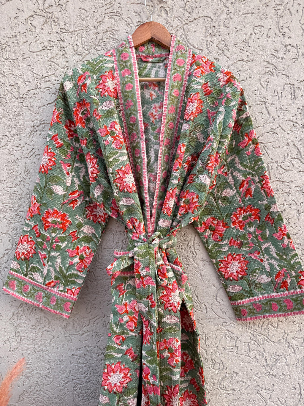 Sage Green Floral Block Print Waffle Bathrobe – Handmade Cotton Kimono Robe – Jaipuri Lightweight Spa Robe – Boho Bridal Getting Ready Gown