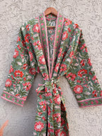 Sage Green Floral Block Print Waffle Bathrobe – Handmade Cotton Kimono Robe – Jaipuri Lightweight Spa Robe – Boho Bridal Getting Ready Gown