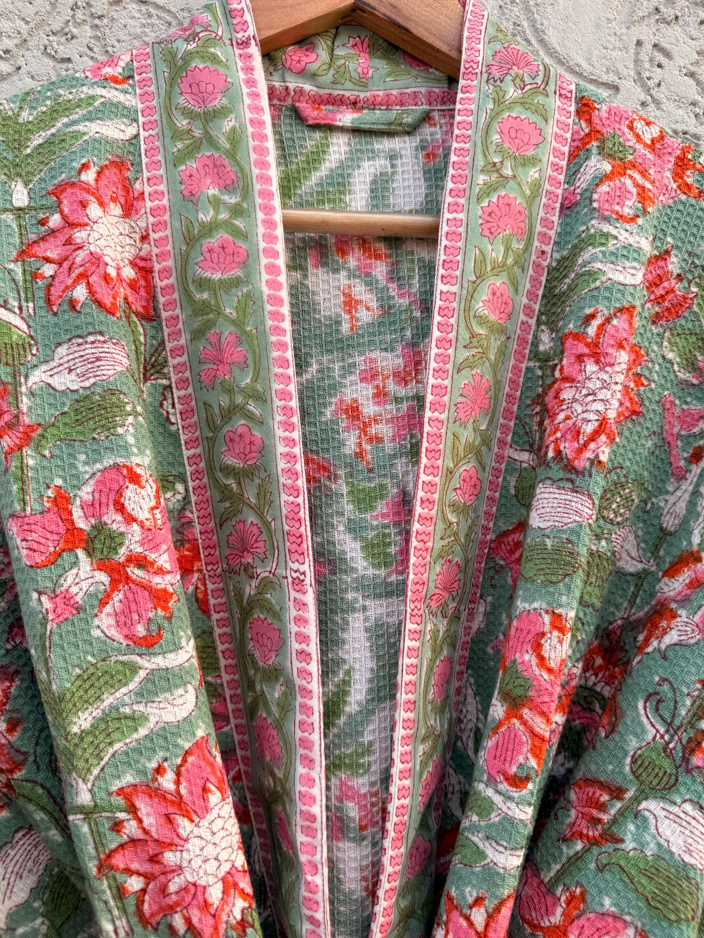 Sage Green Floral Block Print Waffle Bathrobe – Handmade Cotton Kimono Robe – Jaipuri Lightweight Spa Robe – Boho Bridal Getting Ready Gown