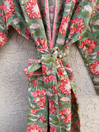 Sage Green Floral Block Print Waffle Bathrobe – Handmade Cotton Kimono Robe – Jaipuri Lightweight Spa Robe – Boho Bridal Getting Ready Gown