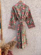 Sage Green Floral Block Print Waffle Bathrobe – Handmade Cotton Kimono Robe – Jaipuri Lightweight Spa Robe – Boho Bridal Getting Ready Gown