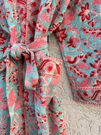 Turquoise Floral Block Print Waffle Bathrobe – Handmade Cotton Kimono Robe – Jaipuri Lightweight Spa Robe – Boho Bridal Getting Ready Gown