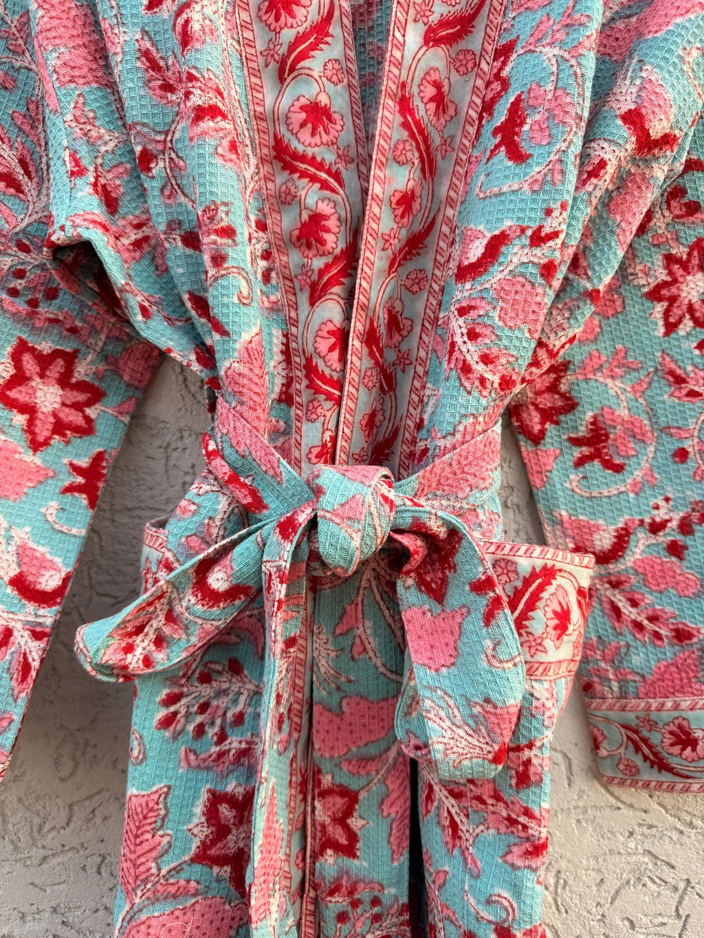 Turquoise Floral Block Print Waffle Bathrobe – Handmade Cotton Kimono Robe – Jaipuri Lightweight Spa Robe – Boho Bridal Getting Ready Gown
