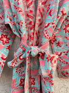 Turquoise Floral Block Print Waffle Bathrobe – Handmade Cotton Kimono Robe – Jaipuri Lightweight Spa Robe – Boho Bridal Getting Ready Gown