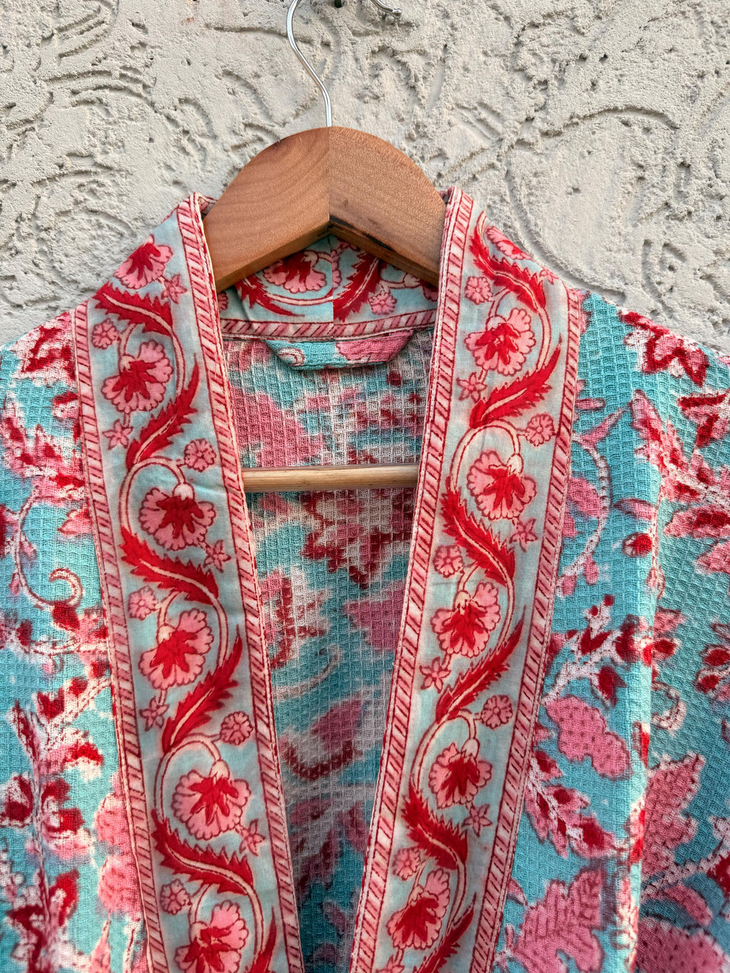 Turquoise Floral Block Print Waffle Bathrobe – Handmade Cotton Kimono Robe – Jaipuri Lightweight Spa Robe – Boho Bridal Getting Ready Gown