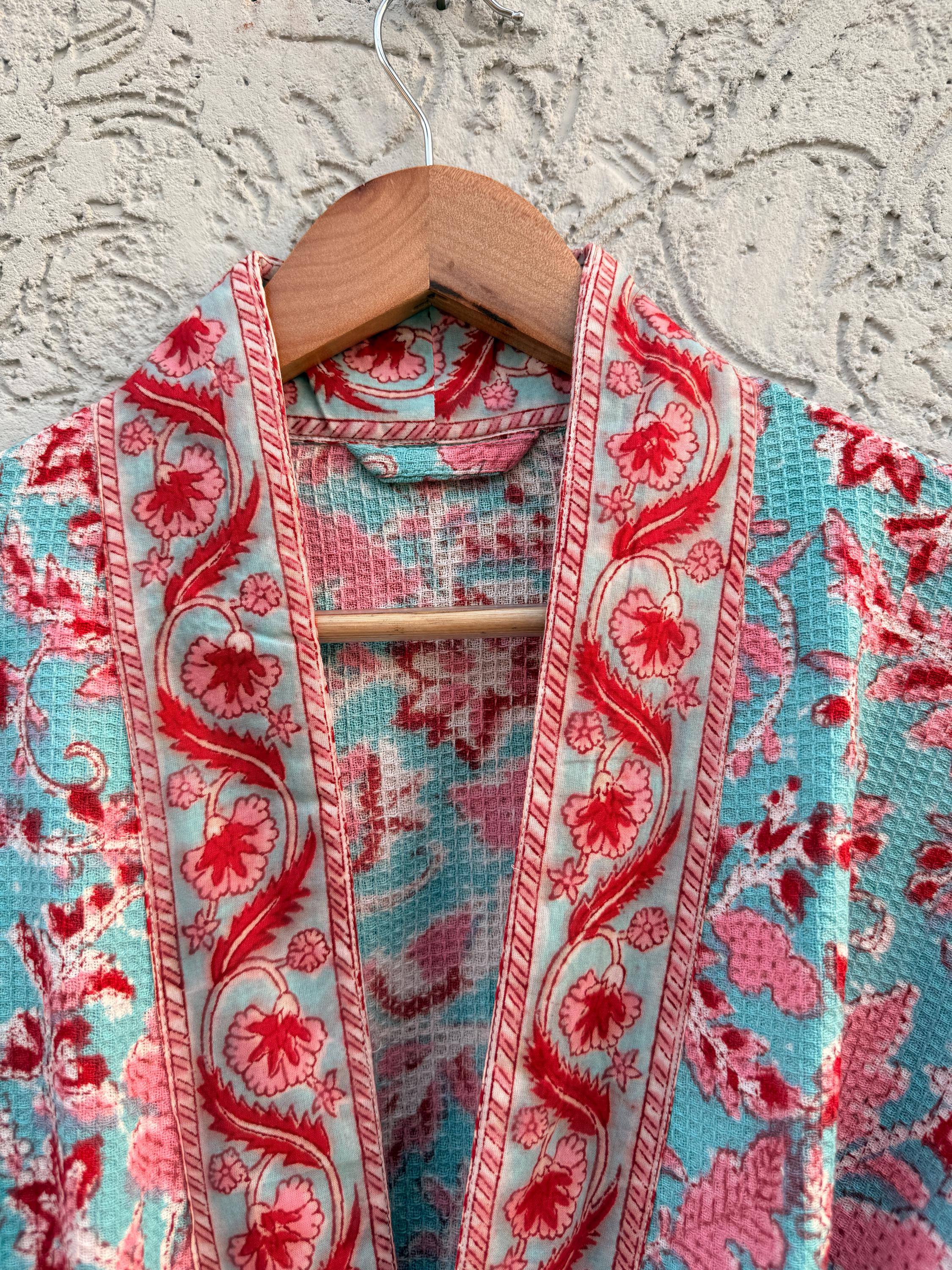 Turquoise Floral Block Print Waffle Bathrobe – Handmade Cotton Kimono Robe – Jaipuri Lightweight Spa Robe – Boho Bridal Getting Ready Gown