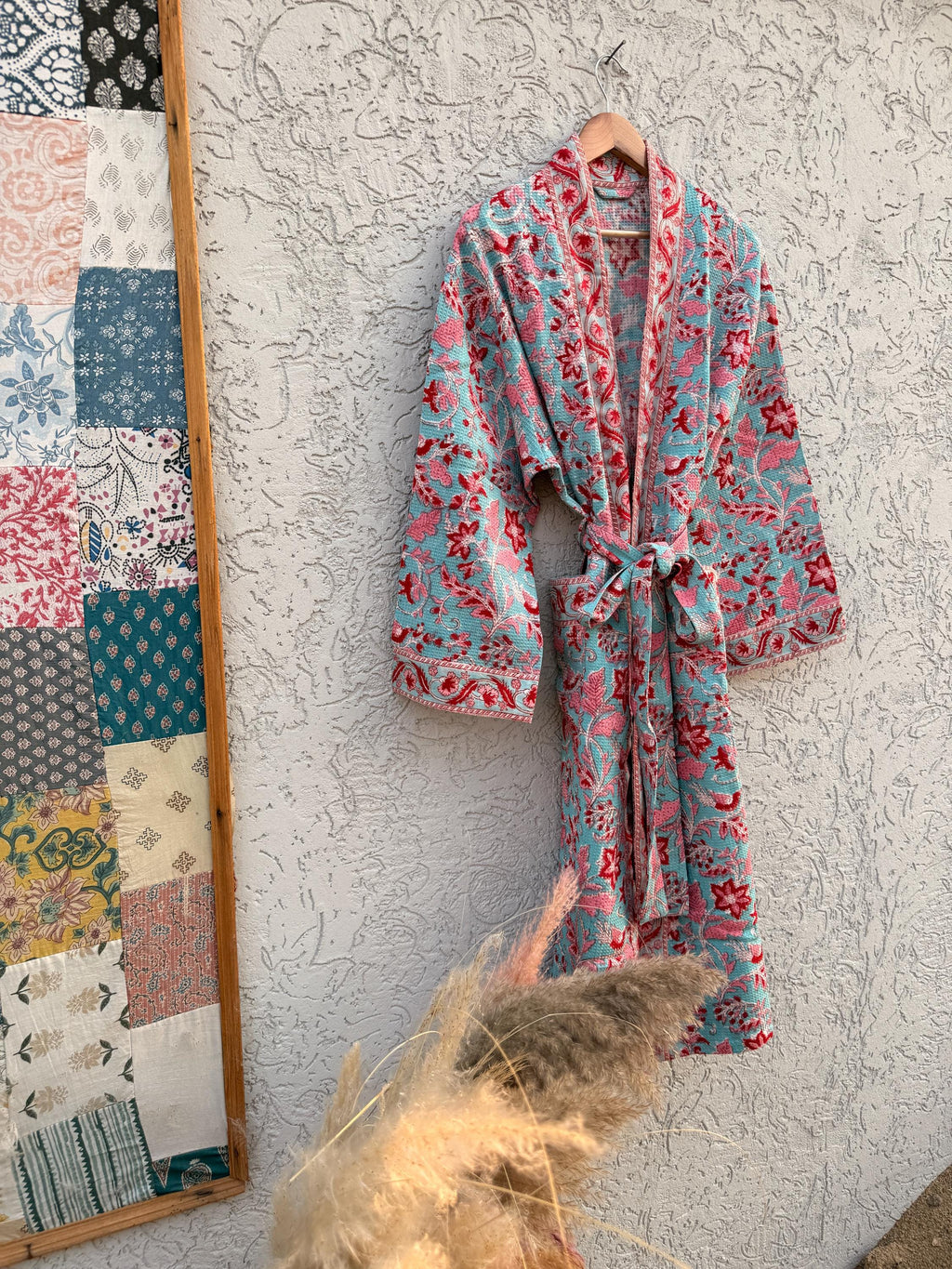 Turquoise Floral Block Print Waffle Bathrobe – Handmade Cotton Kimono Robe – Jaipuri Lightweight Spa Robe – Boho Bridal Getting Ready Gown