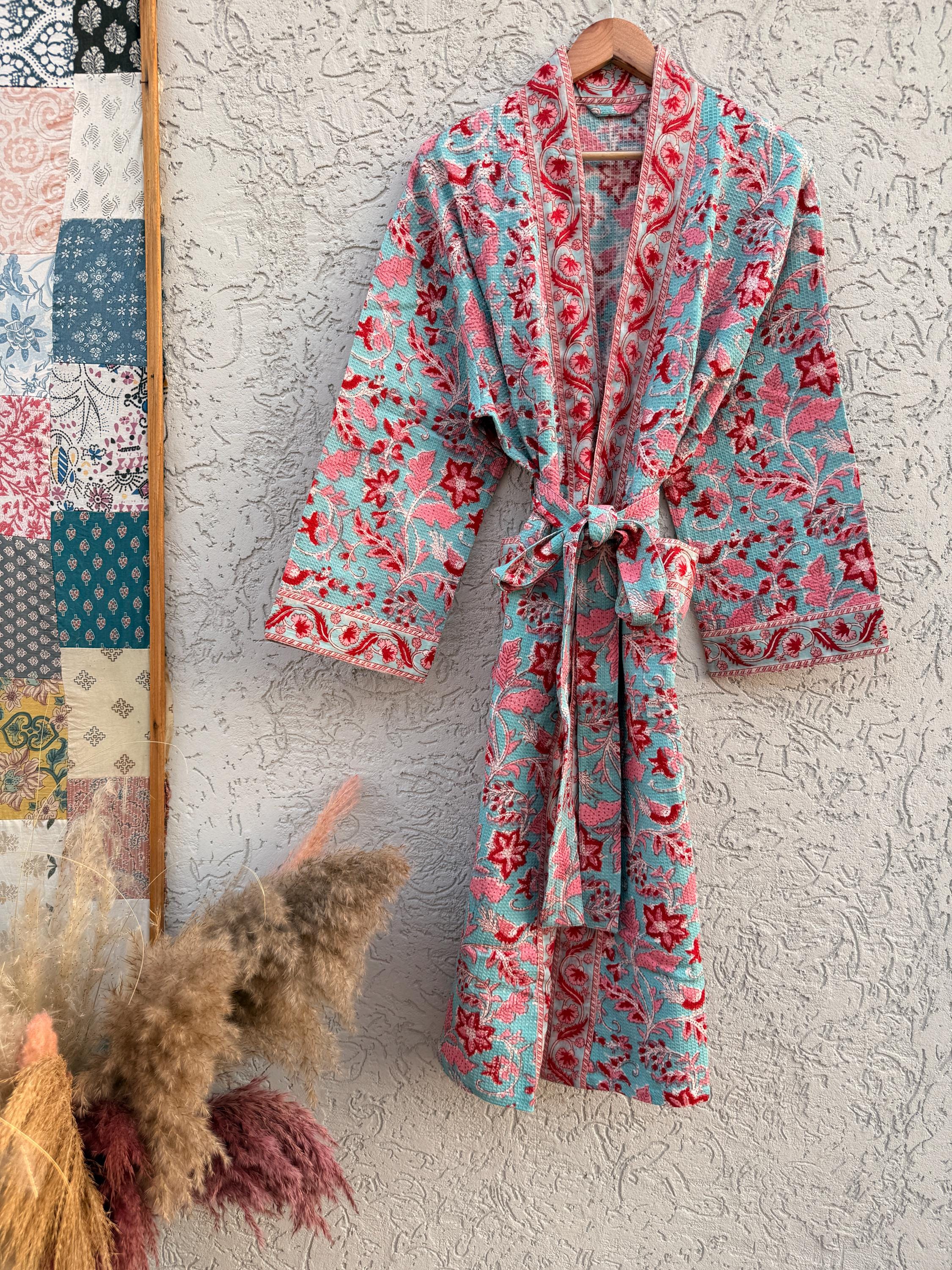 Turquoise Floral Block Print Waffle Bathrobe – Handmade Cotton Kimono Robe – Jaipuri Lightweight Spa Robe – Boho Bridal Getting Ready Gown
