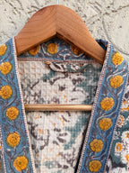 Sage Green & Mustard Floral Block Print Waffle Bathrobe – Handmade Cotton Kimono Robe – Jaipuri Lightweight Spa Robe – Boho Loungewear