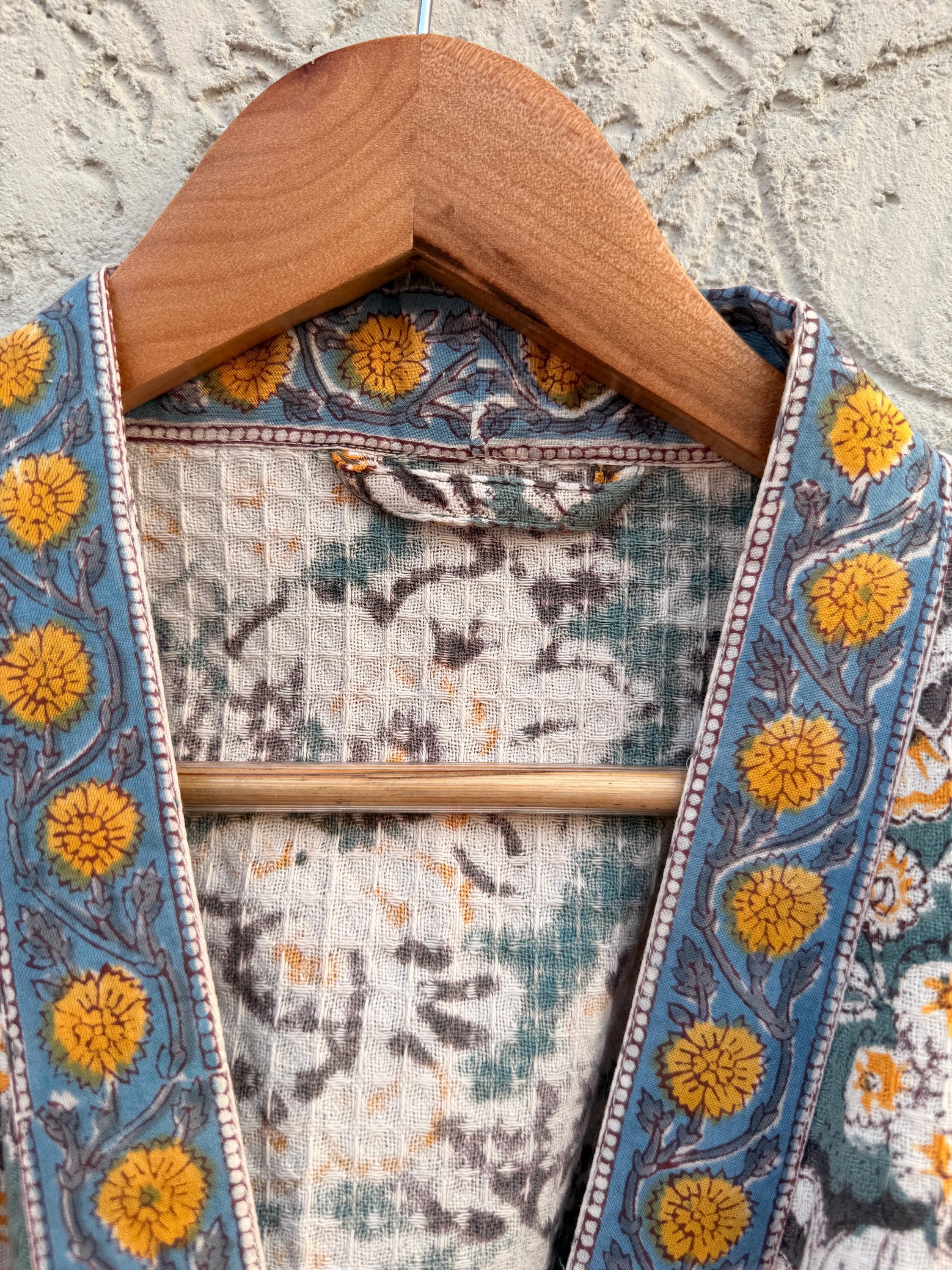 Sage Green & Mustard Floral Block Print Waffle Bathrobe – Handmade Cotton Kimono Robe – Jaipuri Lightweight Spa Robe – Boho Loungewear