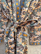 Sage Green & Mustard Floral Block Print Waffle Bathrobe – Handmade Cotton Kimono Robe – Jaipuri Lightweight Spa Robe – Boho Loungewear