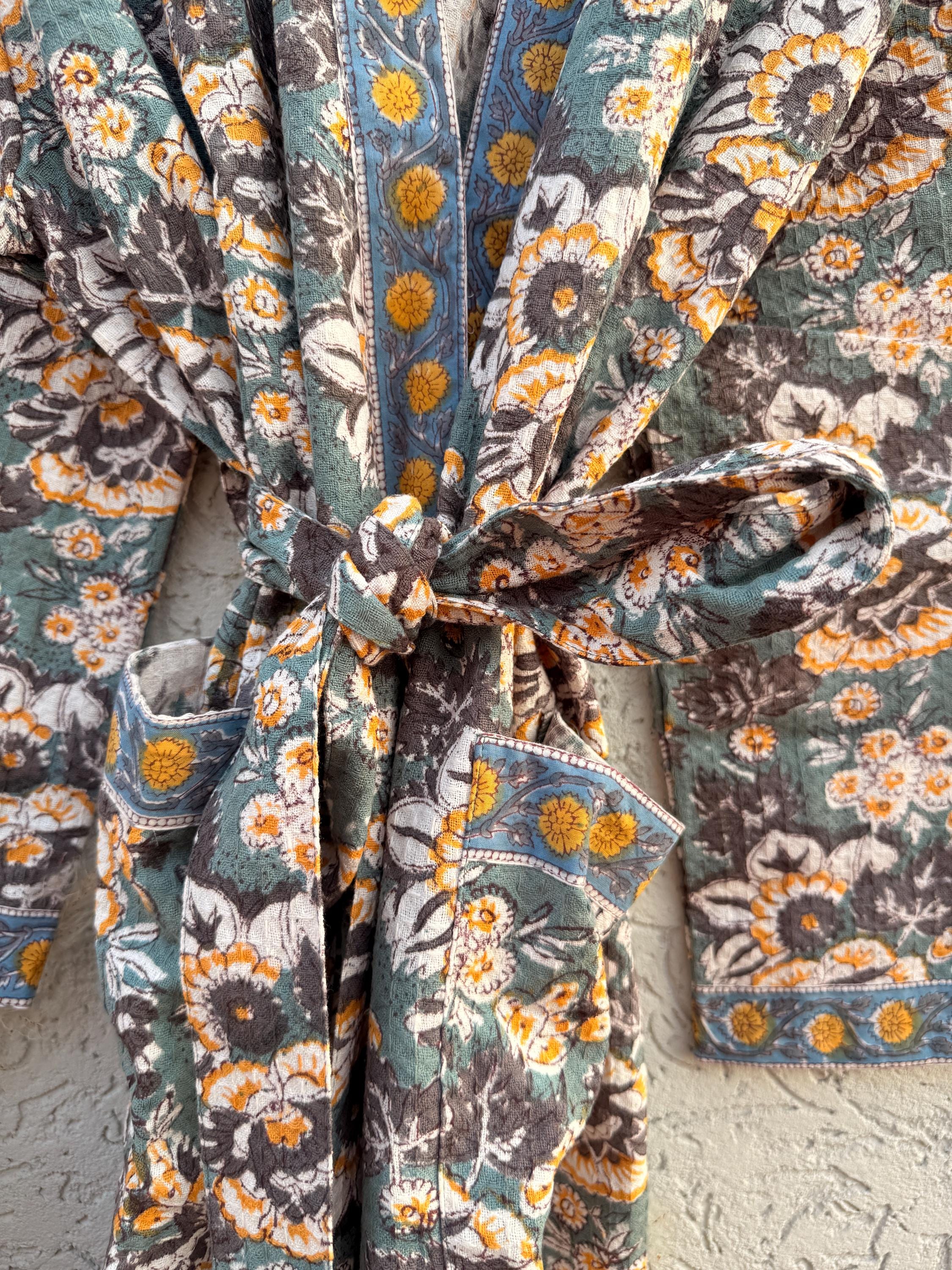 Sage Green & Mustard Floral Block Print Waffle Bathrobe – Handmade Cotton Kimono Robe – Jaipuri Lightweight Spa Robe – Boho Loungewear