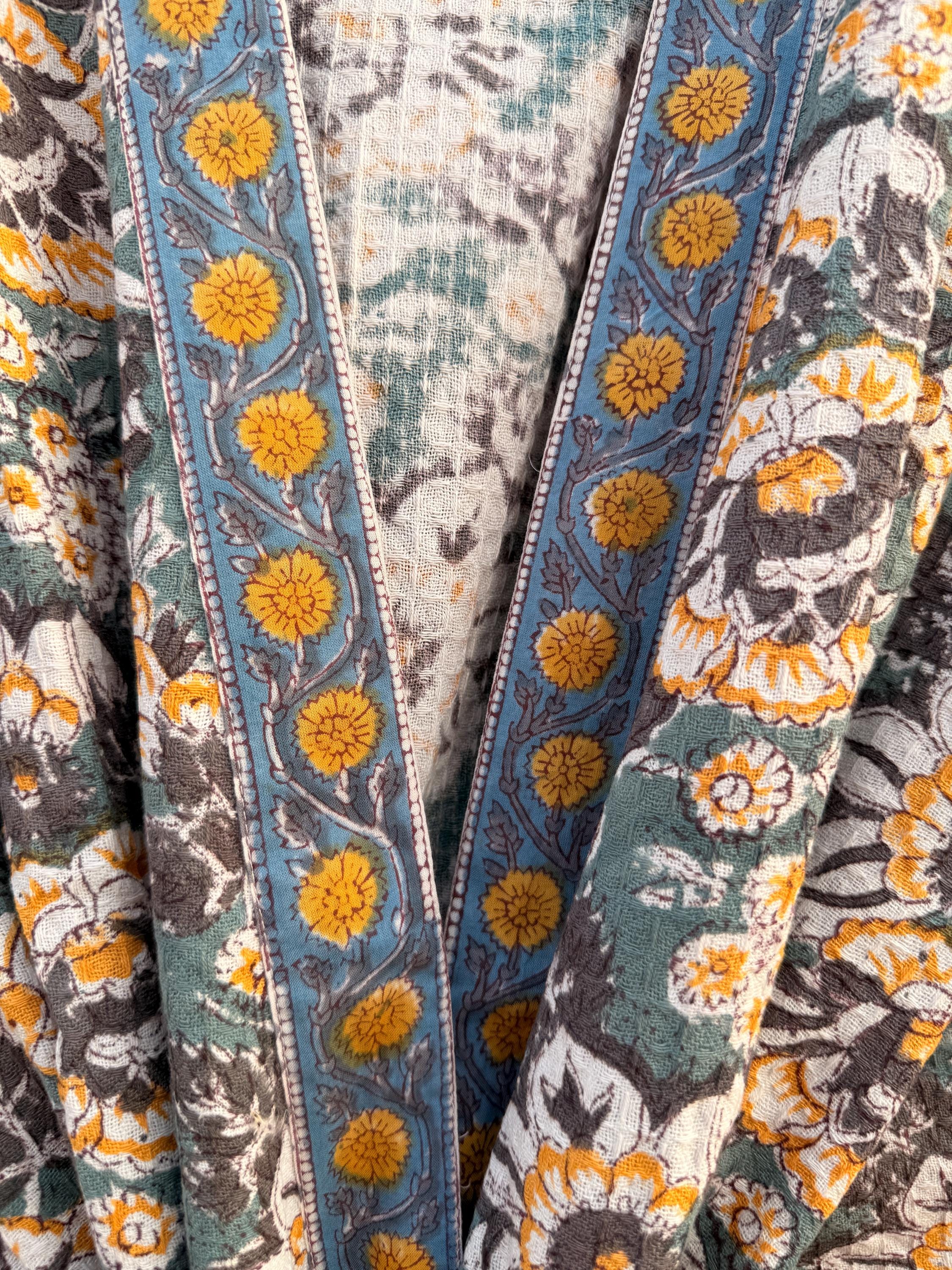 Sage Green & Mustard Floral Block Print Waffle Bathrobe – Handmade Cotton Kimono Robe – Jaipuri Lightweight Spa Robe – Boho Loungewear