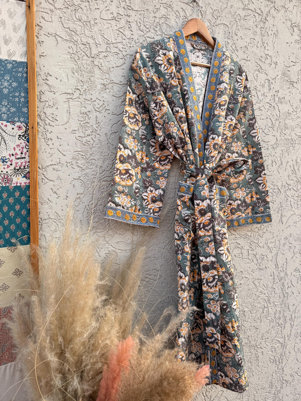 Sage Green & Mustard Floral Block Print Waffle Bathrobe – Handmade Cotton Kimono Robe – Jaipuri Lightweight Spa Robe – Boho Loungewear