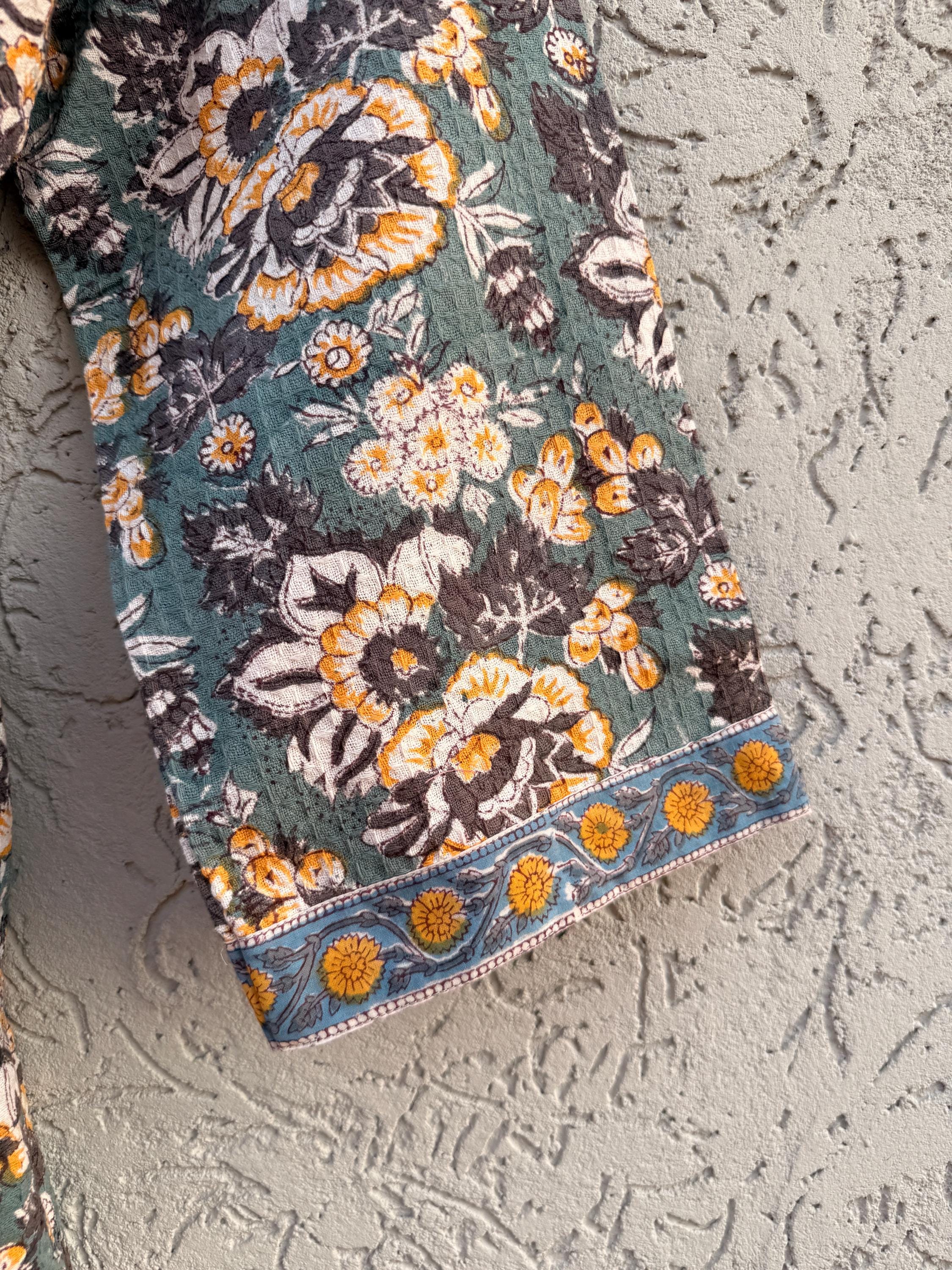 Sage Green & Mustard Floral Block Print Waffle Bathrobe – Handmade Cotton Kimono Robe – Jaipuri Lightweight Spa Robe – Boho Loungewear