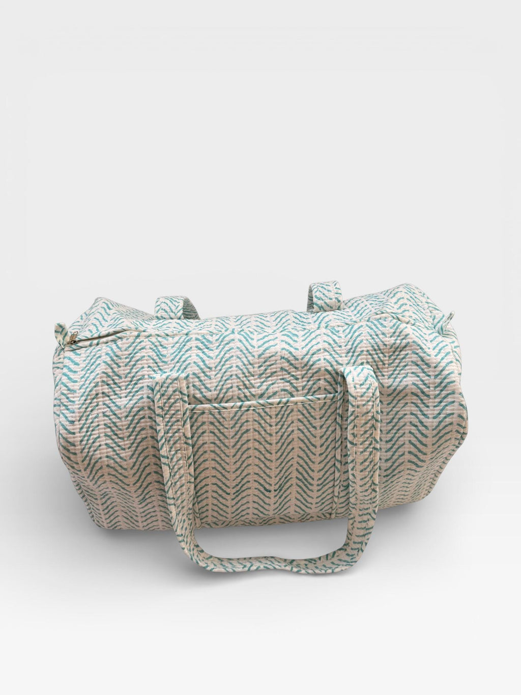 Teal Chevron Block Print Duffle Bag – Handmade Quilted Cotton Weekender Bag – Indian Travel Tote – Lightweight Gym & Overnight Bag