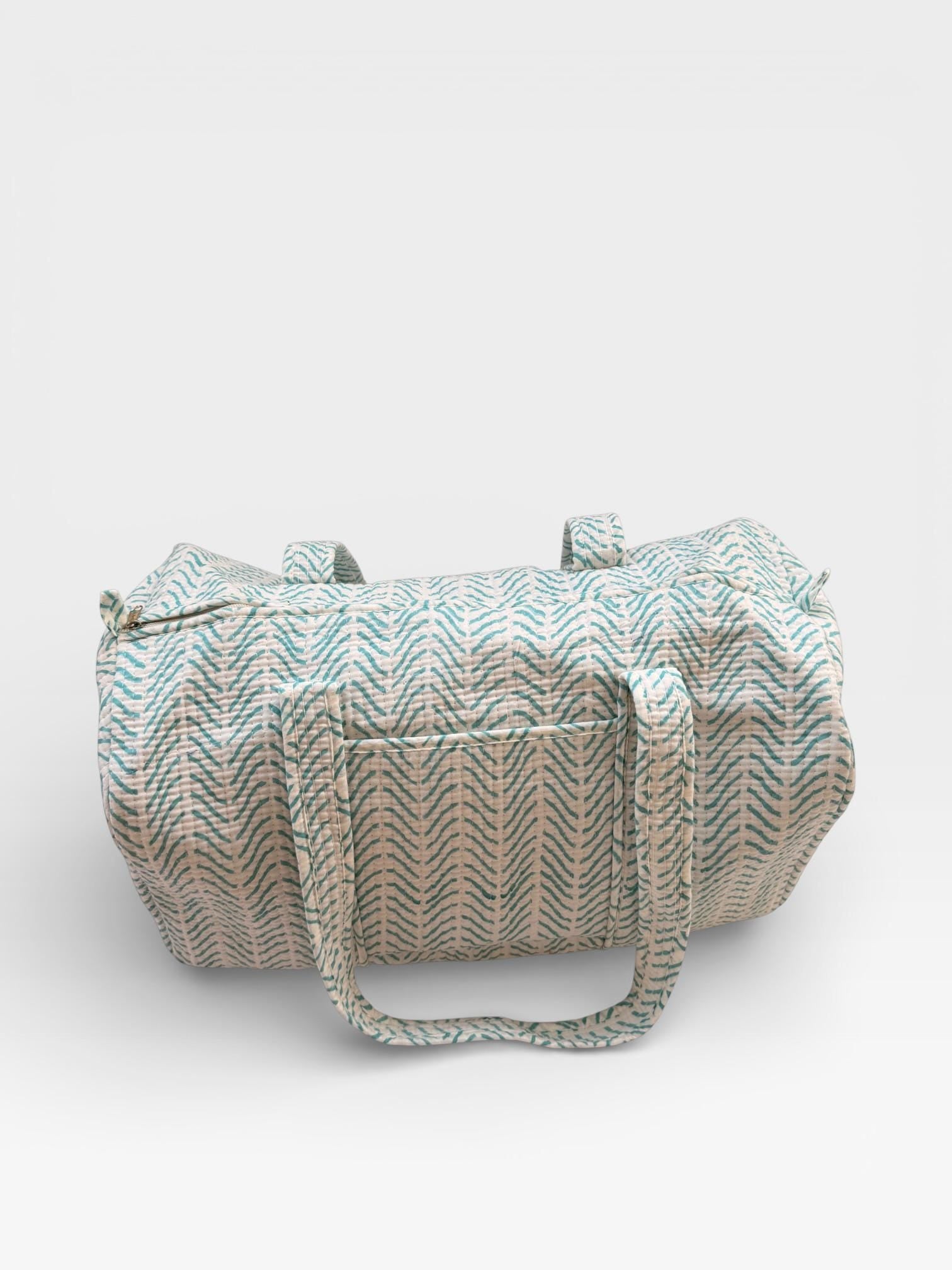 Teal Chevron Block Print Duffle Bag – Handmade Quilted Cotton Weekender Bag – Indian Travel Tote – Lightweight Gym & Overnight Bag