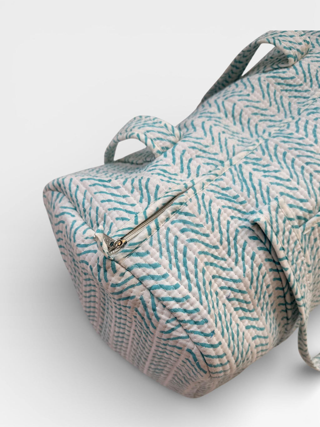 Teal Chevron Block Print Duffle Bag – Handmade Quilted Cotton Weekender Bag – Indian Travel Tote – Lightweight Gym & Overnight Bag