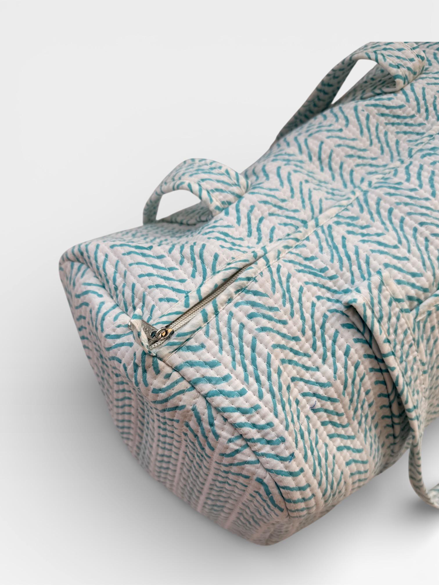Teal Chevron Block Print Duffle Bag – Handmade Quilted Cotton Weekender Bag – Indian Travel Tote – Lightweight Gym & Overnight Bag