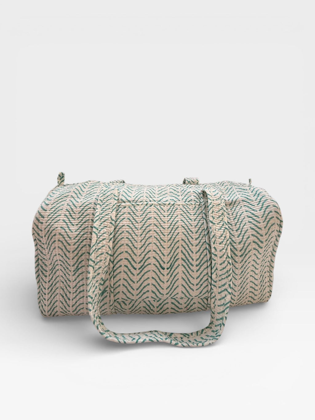 Teal Chevron Block Print Duffle Bag – Handmade Quilted Cotton Weekender Bag – Indian Travel Tote – Lightweight Gym & Overnight Bag