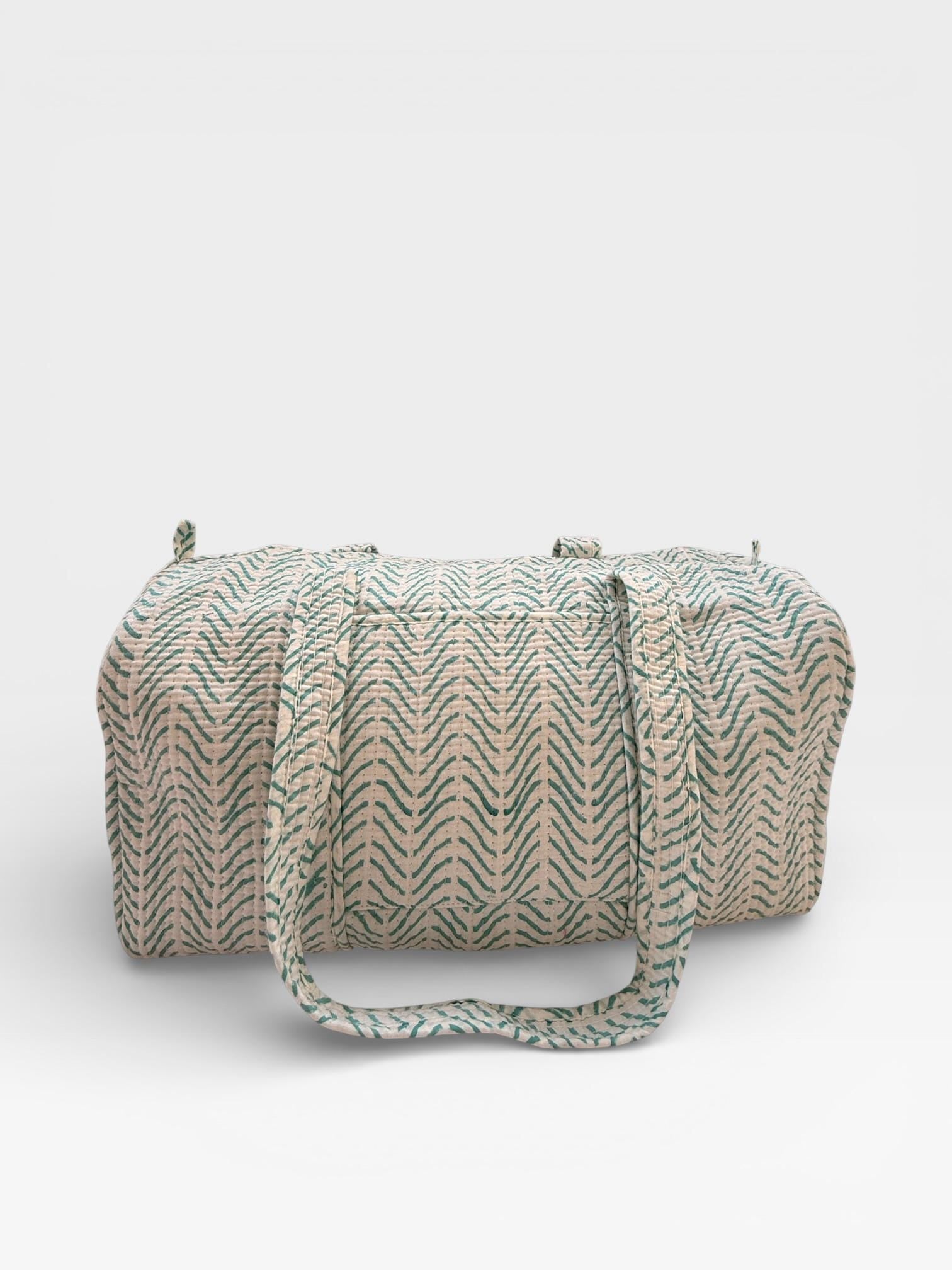 Teal Chevron Block Print Duffle Bag – Handmade Quilted Cotton Weekender Bag – Indian Travel Tote – Lightweight Gym & Overnight Bag
