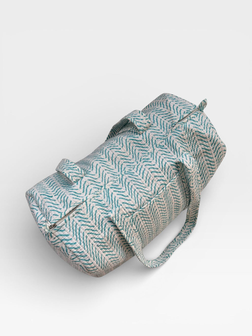 Teal Chevron Block Print Duffle Bag – Handmade Quilted Cotton Weekender Bag – Indian Travel Tote – Lightweight Gym & Overnight Bag