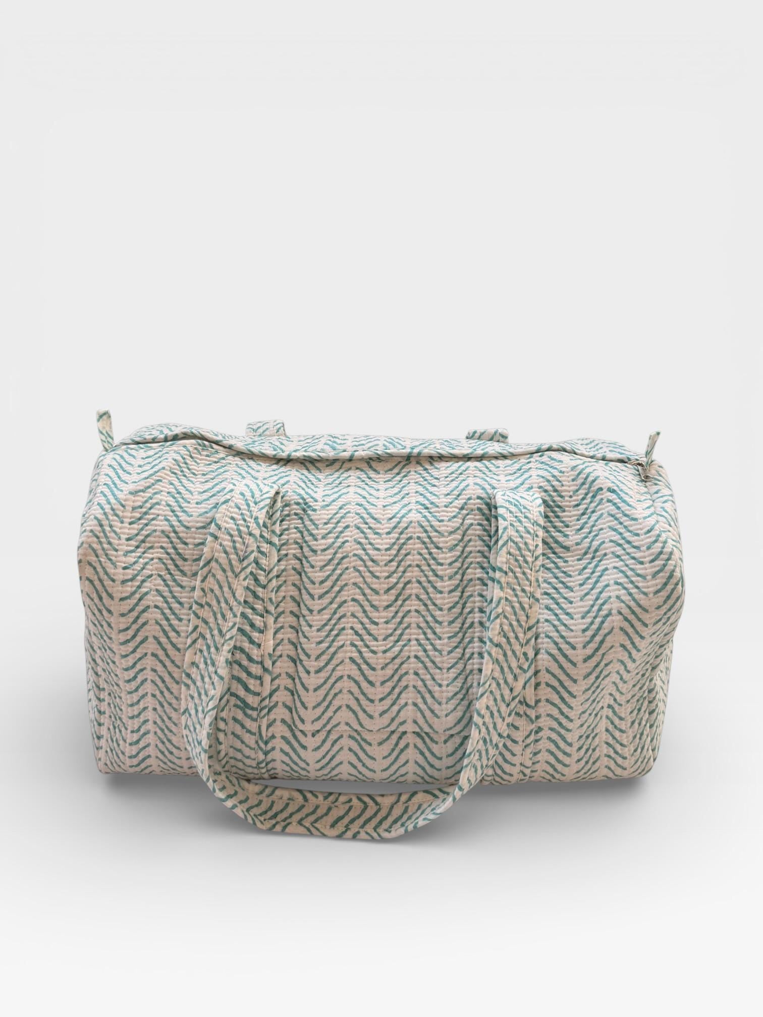 Teal Chevron Block Print Duffle Bag – Handmade Quilted Cotton Weekender Bag – Indian Travel Tote – Lightweight Gym & Overnight Bag