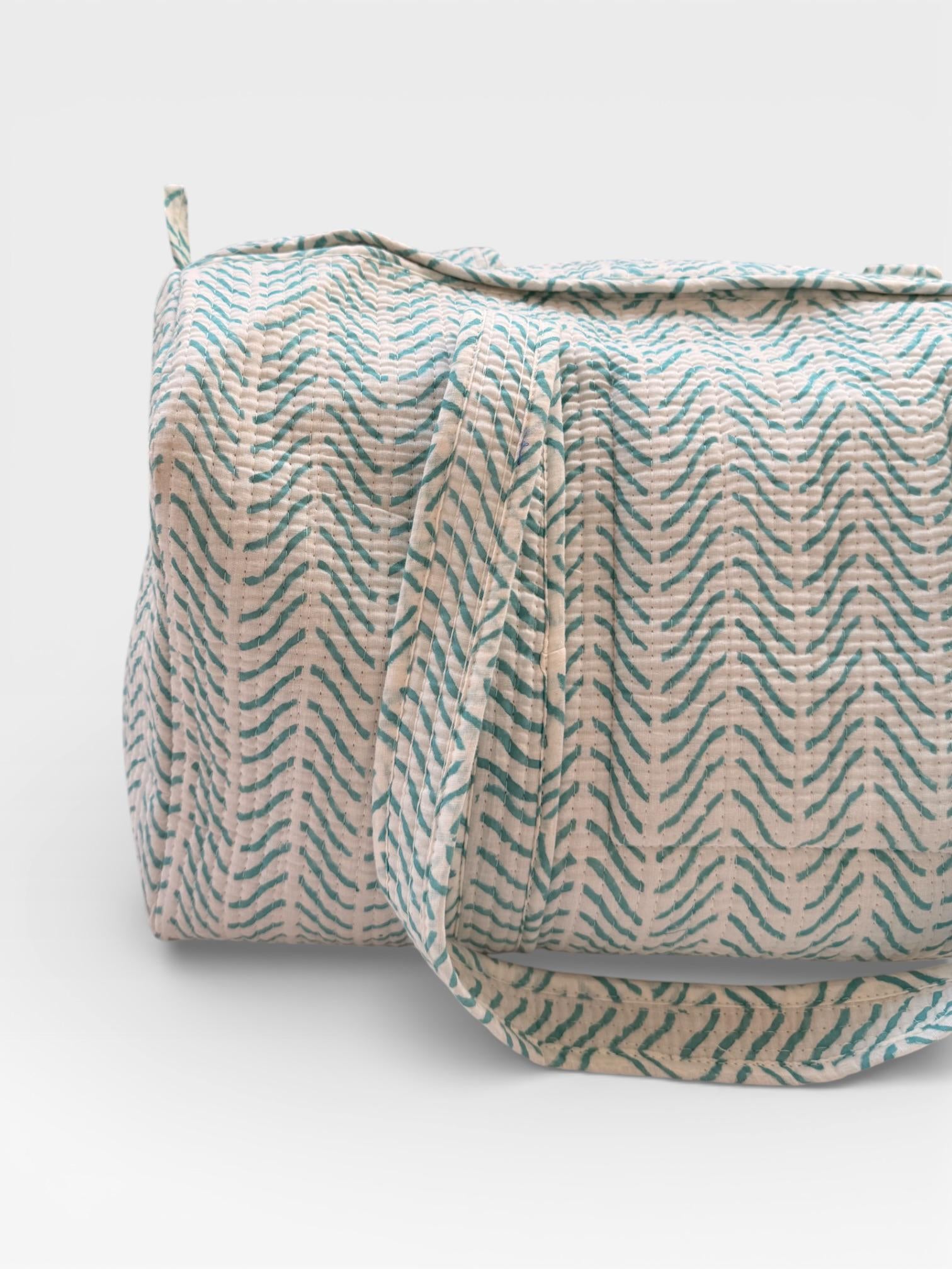 Teal Chevron Block Print Duffle Bag – Handmade Quilted Cotton Weekender Bag – Indian Travel Tote – Lightweight Gym & Overnight Bag