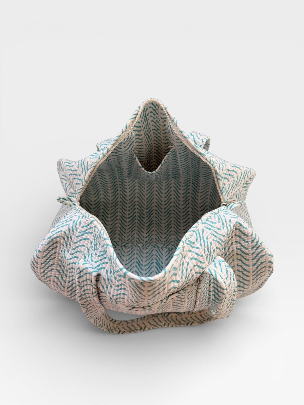Teal Chevron Block Print Duffle Bag – Handmade Quilted Cotton Weekender Bag – Indian Travel Tote – Lightweight Gym & Overnight Bag