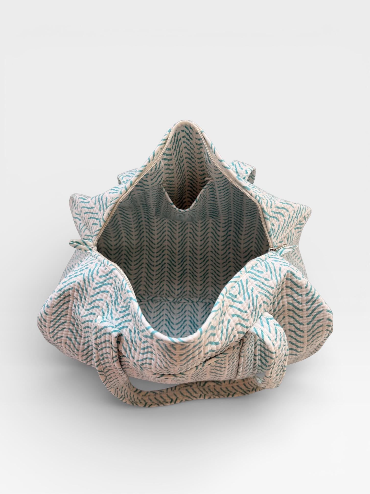 Teal Chevron Block Print Duffle Bag – Handmade Quilted Cotton Weekender Bag – Indian Travel Tote – Lightweight Gym & Overnight Bag