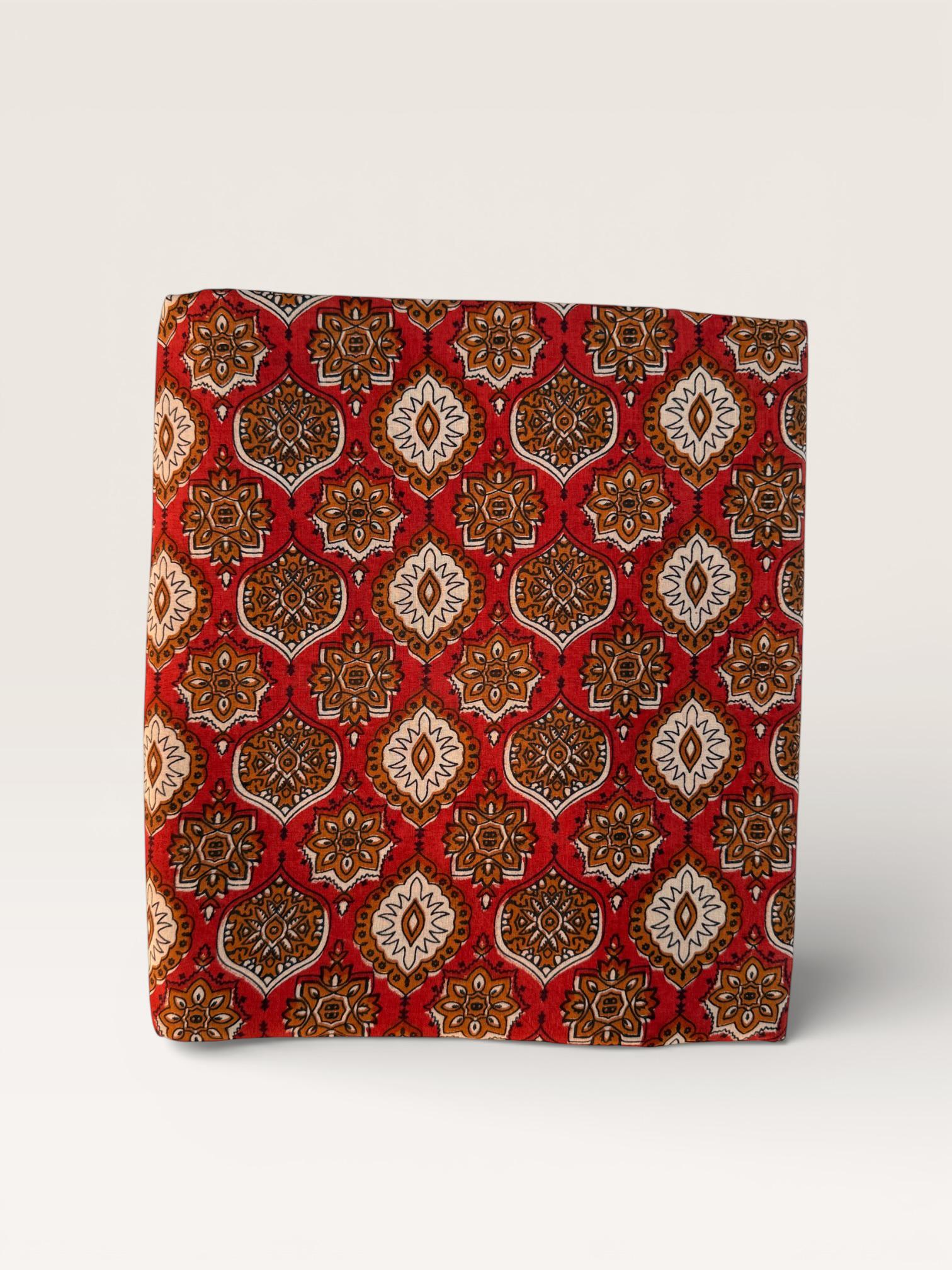 Bagru Block Print Cotton Fabric by Yard, Red Natural Dye Hand Block Printed Fabric, Floral Geometric Indian Textile, Sewing Craft Fabric