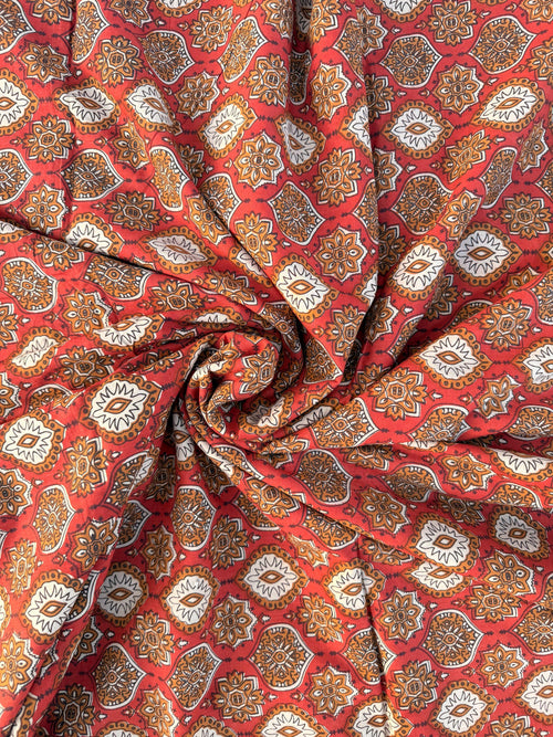 Bagru Block Print Cotton Fabric by Yard, Red Natural Dye Hand Block Printed Fabric, Floral Geometric Indian Textile, Sewing Craft Fabric
