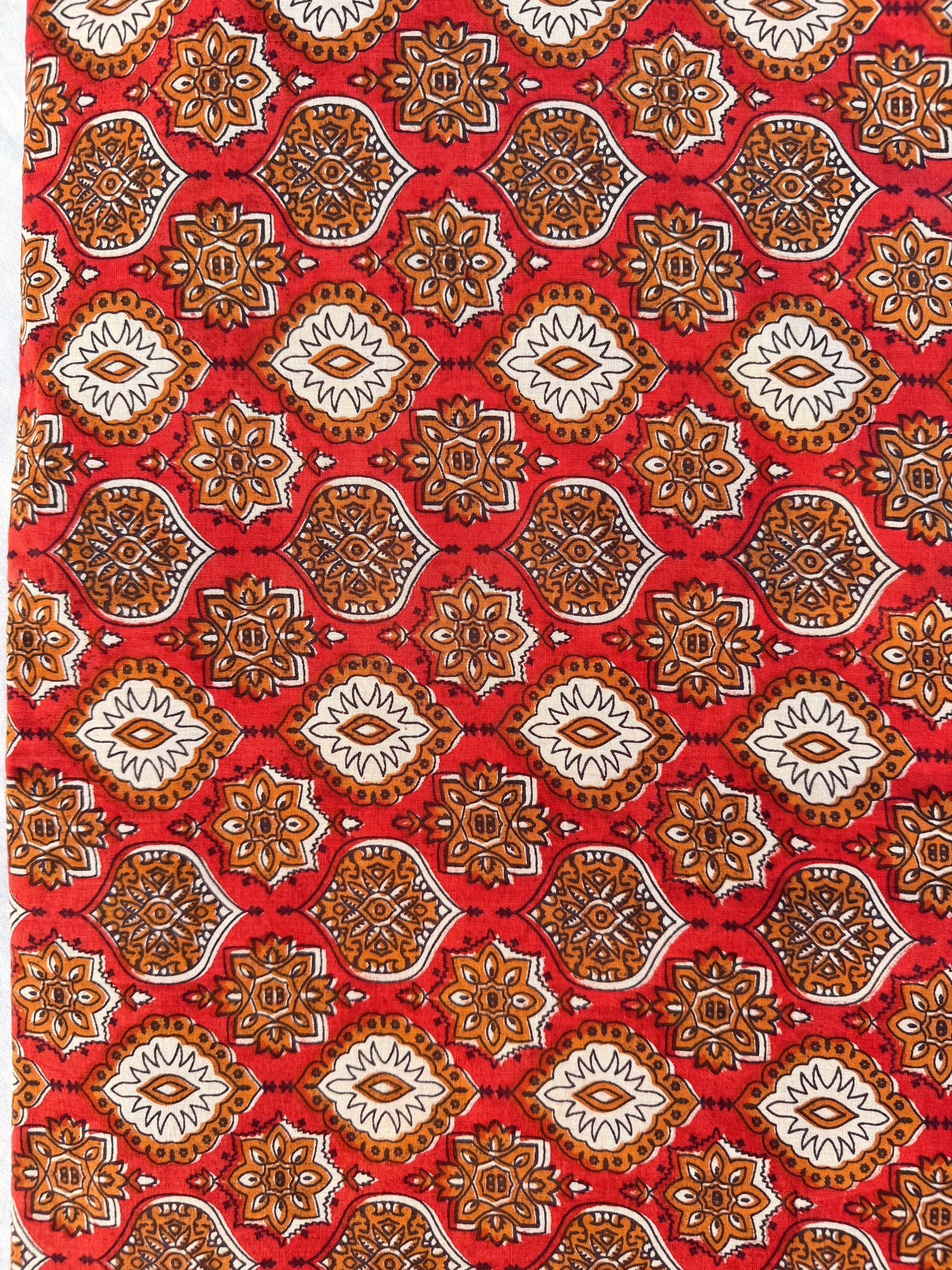 Bagru Block Print Cotton Fabric by Yard, Red Natural Dye Hand Block Printed Fabric, Floral Geometric Indian Textile, Sewing Craft Fabric