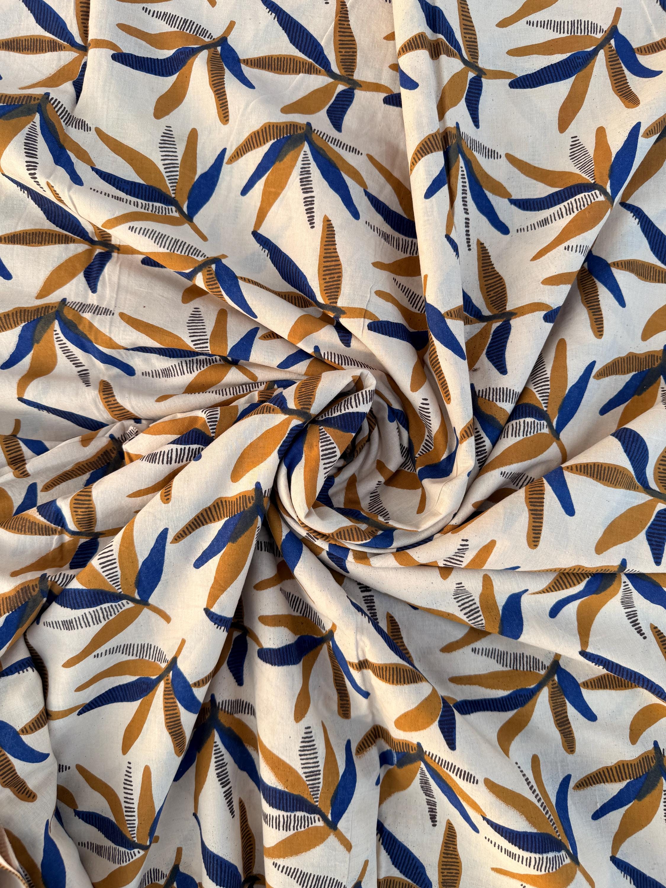 Bagru Block Print Cotton Fabric, Natural Dye Leaf Print Fabric by Yard, Hand Block Printed Indian Textile , Sewing Quilting Craft Fabric