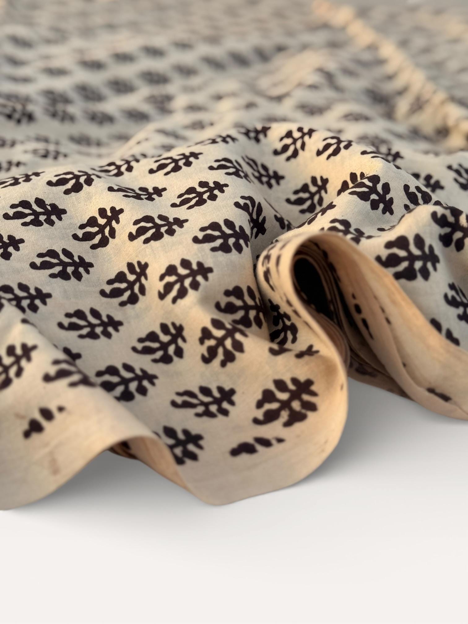 Bagru Block Print Cotton Fabric by Yard, Black Floral Booti on Beige Natural Dye Fabric,Block Printed Indian Textile, Sewing Quilting Fabric