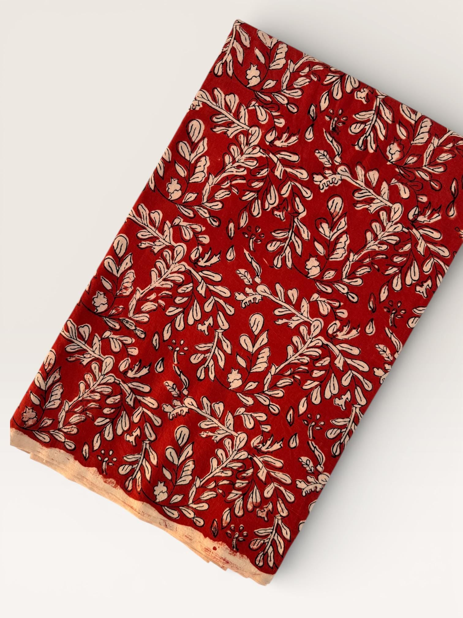 Bagru Block Print Cotton Fabric by Yard, Red Floral Vine Natural Dye Fabric, Hand Block Printed Indian Textile, Sewing Quilting Craft Fabric
