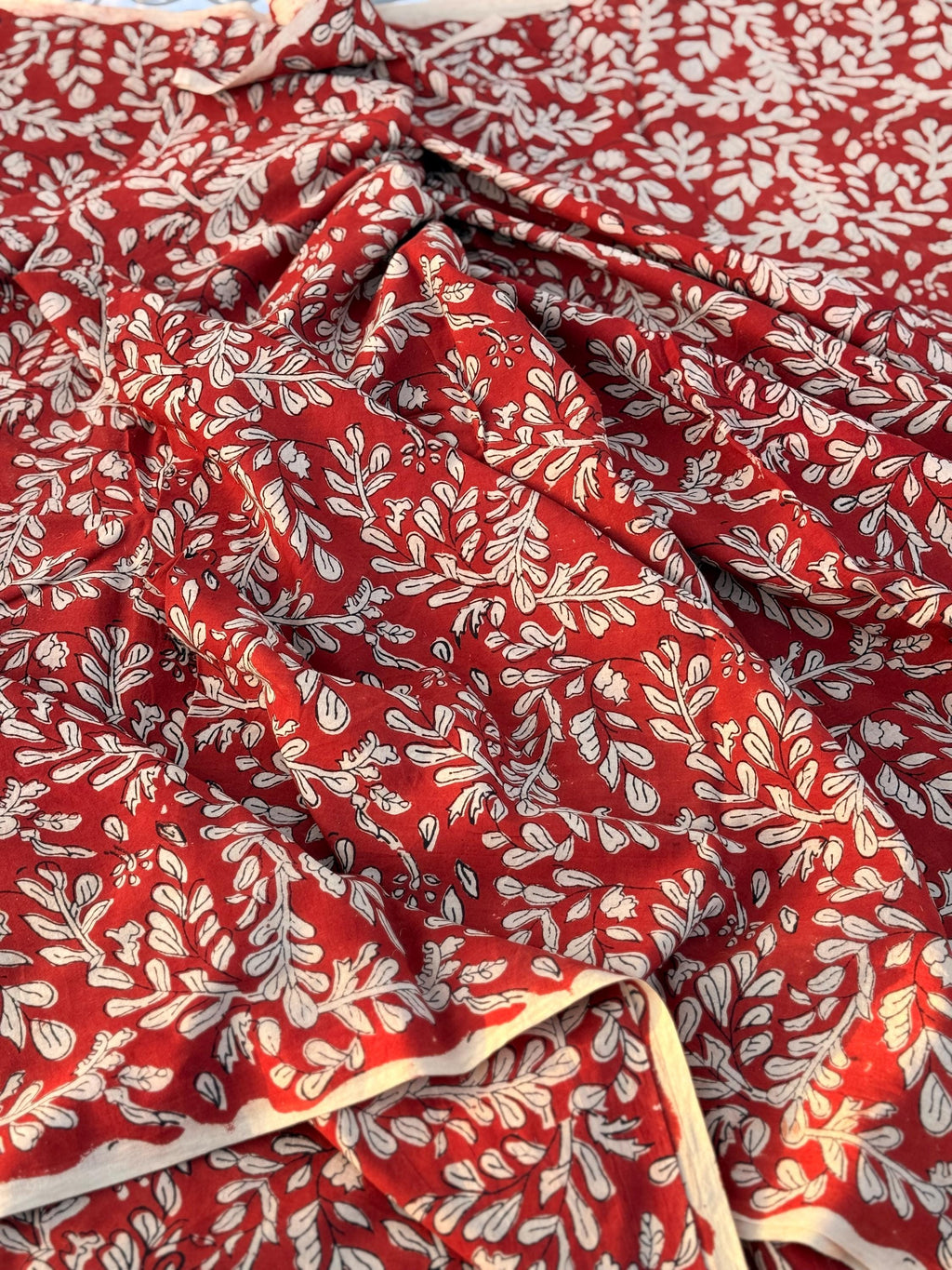 Bagru Block Print Cotton Fabric by Yard, Red Floral Vine Natural Dye Fabric, Hand Block Printed Indian Textile, Sewing Quilting Craft Fabric