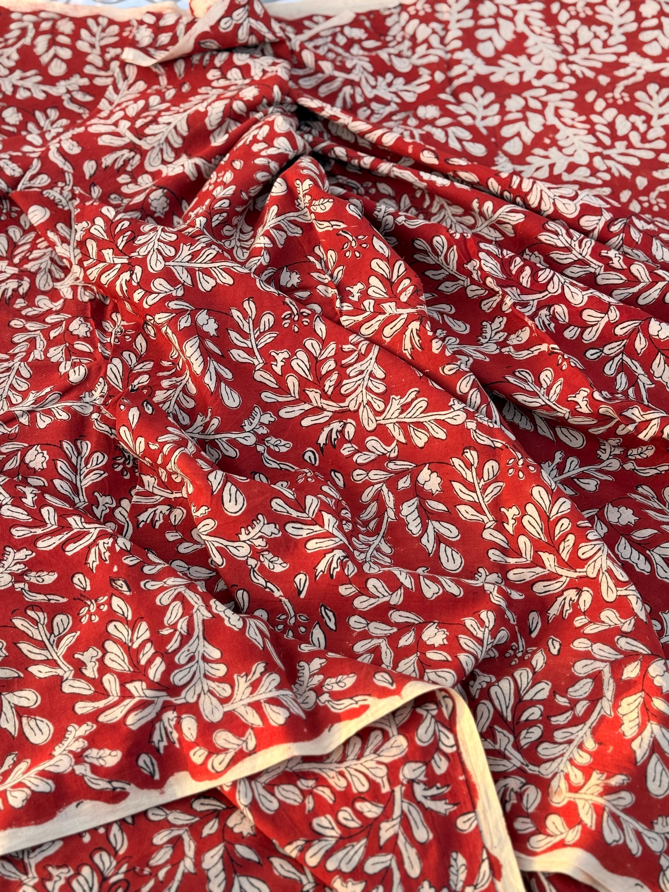 Bagru Block Print Cotton Fabric by Yard, Red Floral Vine Natural Dye Fabric, Hand Block Printed Indian Textile, Sewing Quilting Craft Fabric